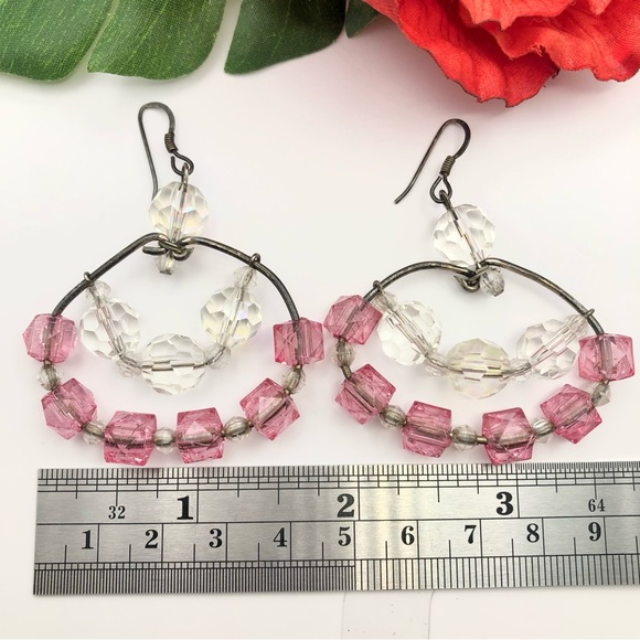 Handmade Artisan Beaded Sterling Silver Hoop Dangle Earrings Barbiecore Pink AB - Picture 10 of 12